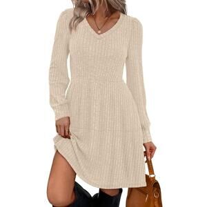 SAMPEEL Womens V Neck Long Sleeve Fall Baby Doll Casual Sweater Dress apricot